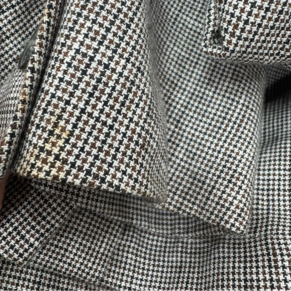 Zara Mens Houndstooth Blazer brown tan tones Linen sport coat Sz 36 half lined